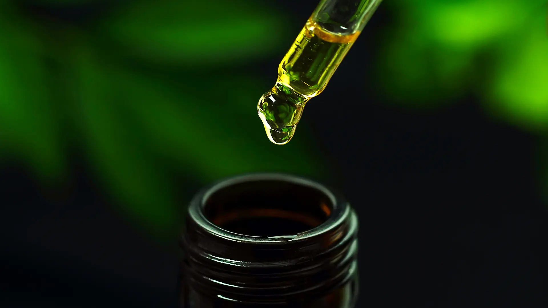 Flacon d’huile de CBD avec pipette sur fond vert flouté