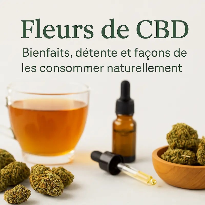 Fleurs de CBD posées sur une table avec flacon d’huile, texte bien-être et méthodes de consommation